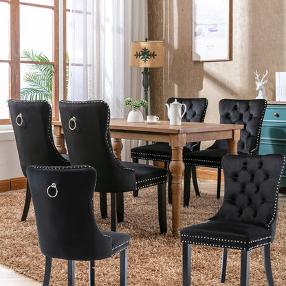 Esszimmerstühle 6er Set Samt, Gepolstert & Nieten Design Schwarz