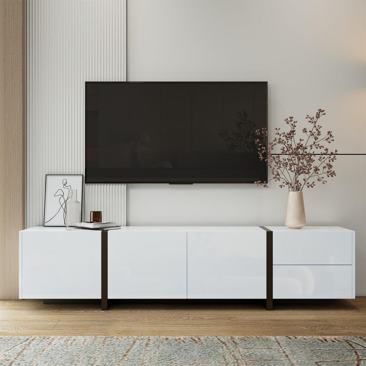 Weißer TV-Schrank mit Schublade & Türen, 170x30x39cm