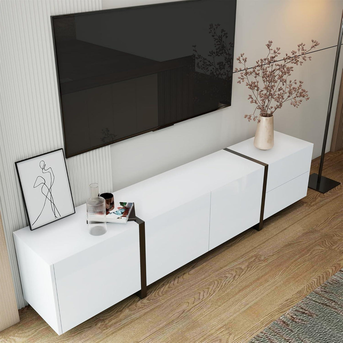 Weißer TV-Schrank mit Schublade & Türen, 170x30x39cm