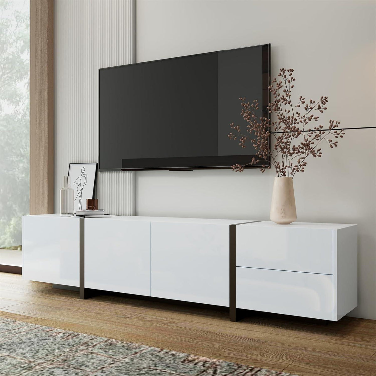 Weißer TV-Schrank mit Schublade & Türen, 170x30x39cm