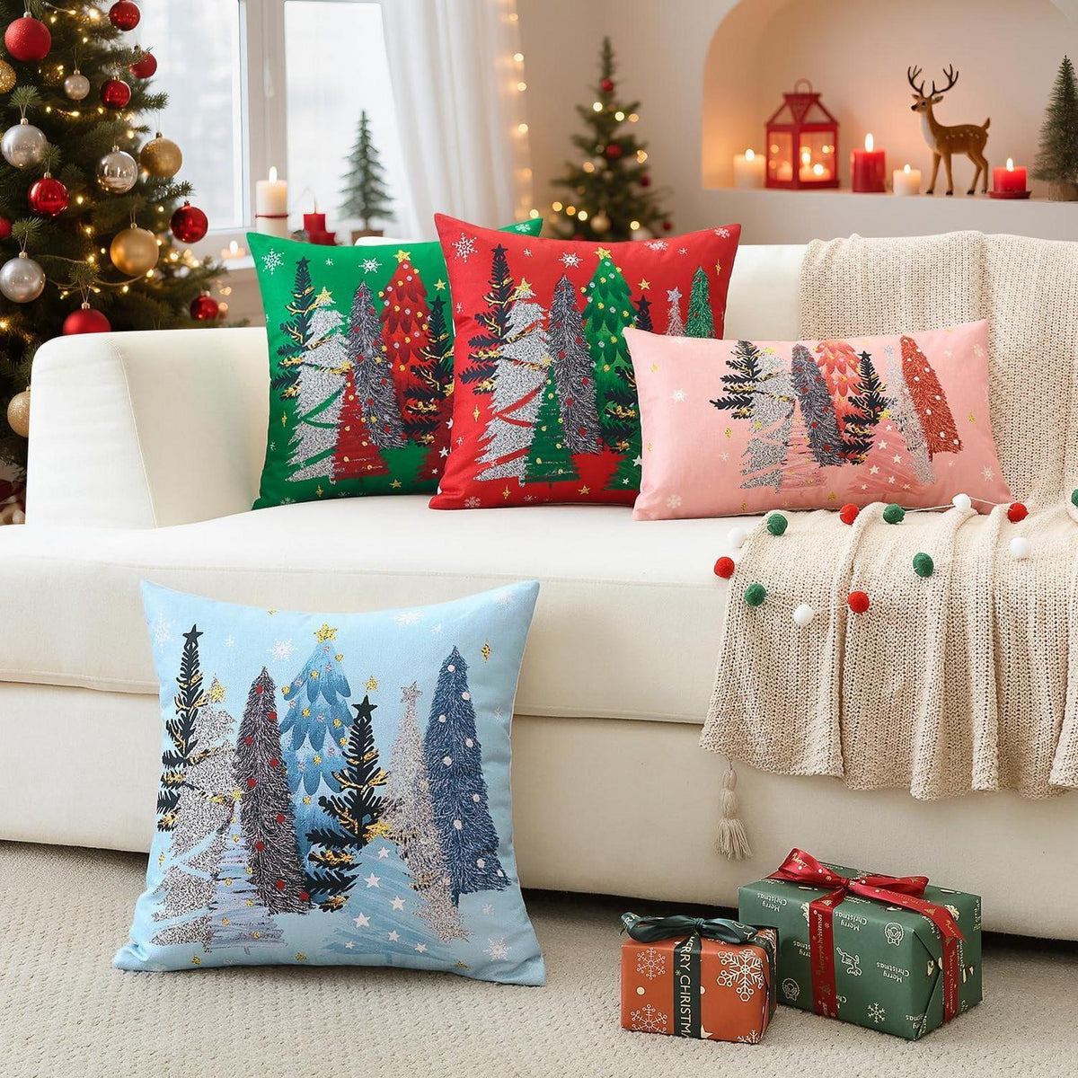 Weihnachtlicher Kissenbezug 50x50 cm, Blau mit Weihnachtsmotiven