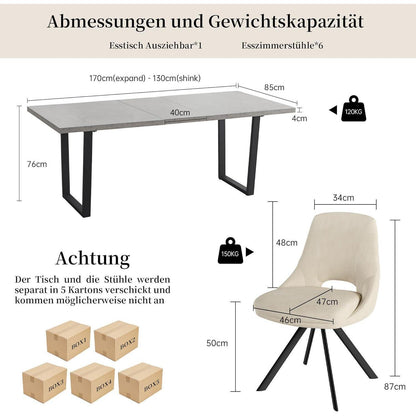 Ausziehbarer Esstisch mit 6 Beige Stühlen – Essgruppe für 4-8 Personen