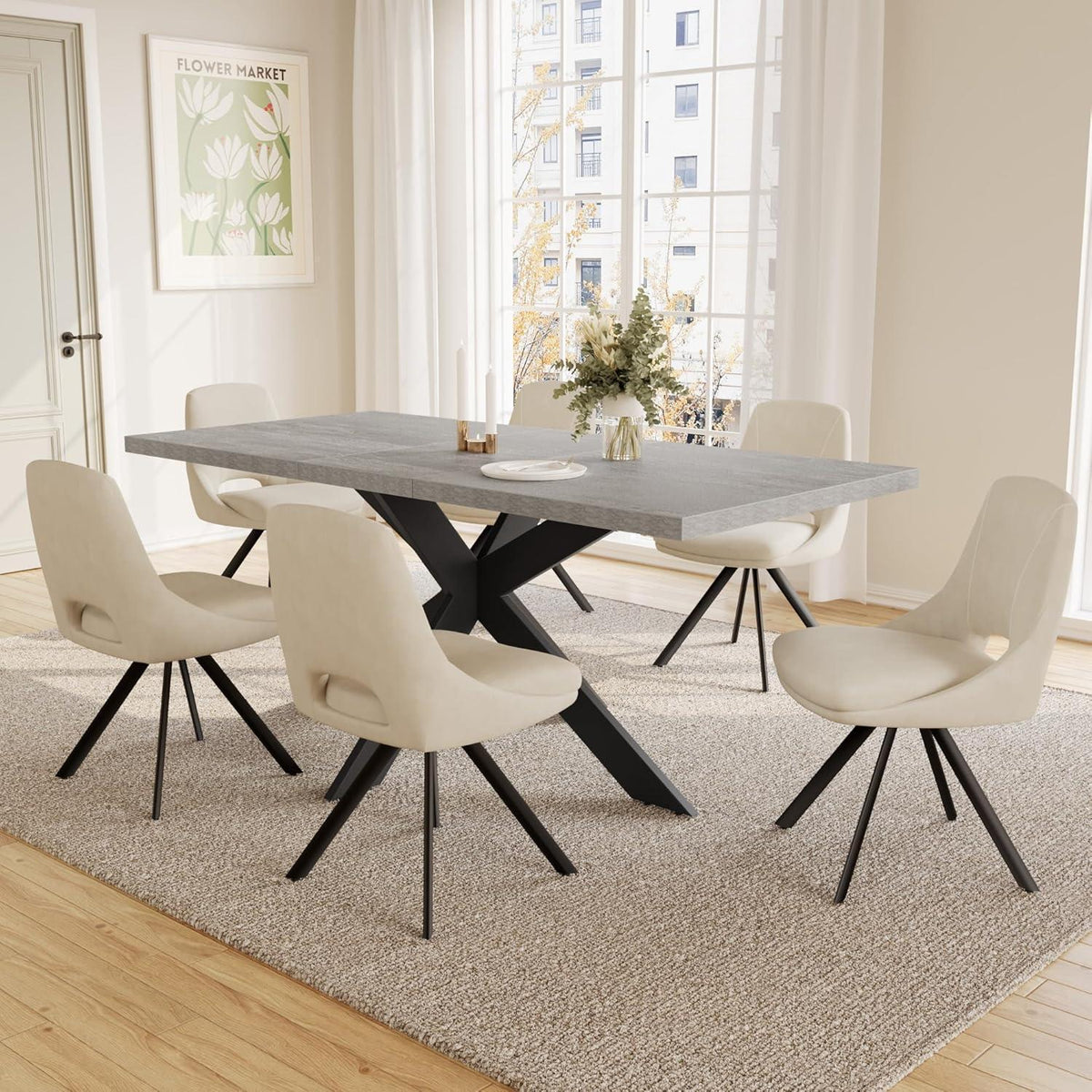 Ausziehbarer Esstisch mit Stühlen – Grau & Beige Essgruppe