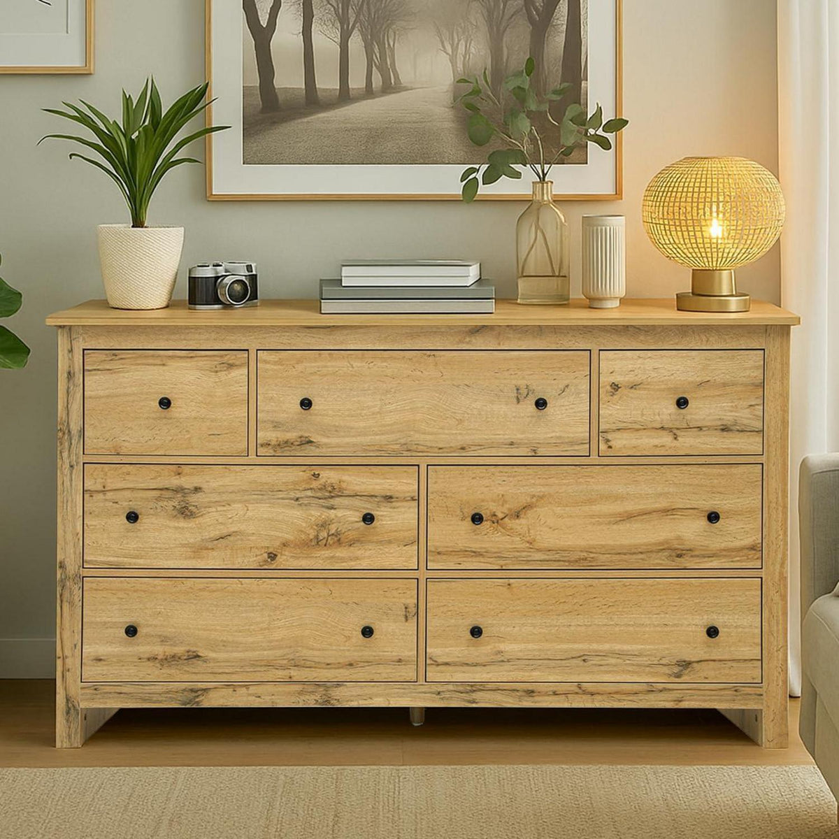 Kommode mit 7 Schubladen | Sideboard Holz, Verstellbar, 152x40x89cm