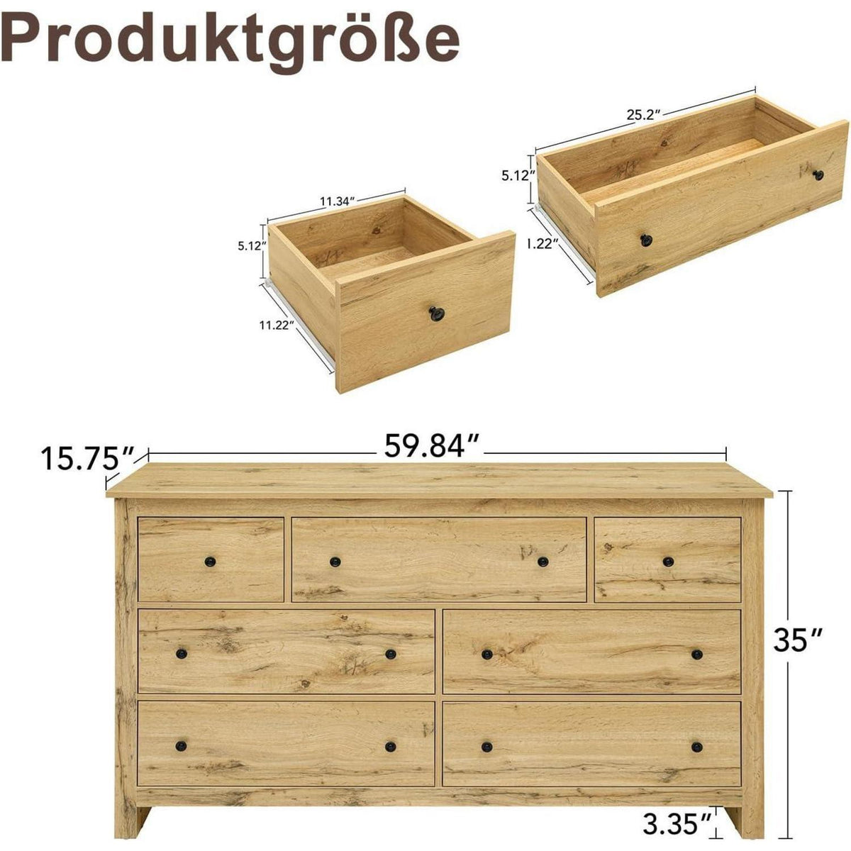 Kommode mit 7 Schubladen | Sideboard Holz, Verstellbar, 152x40x89cm