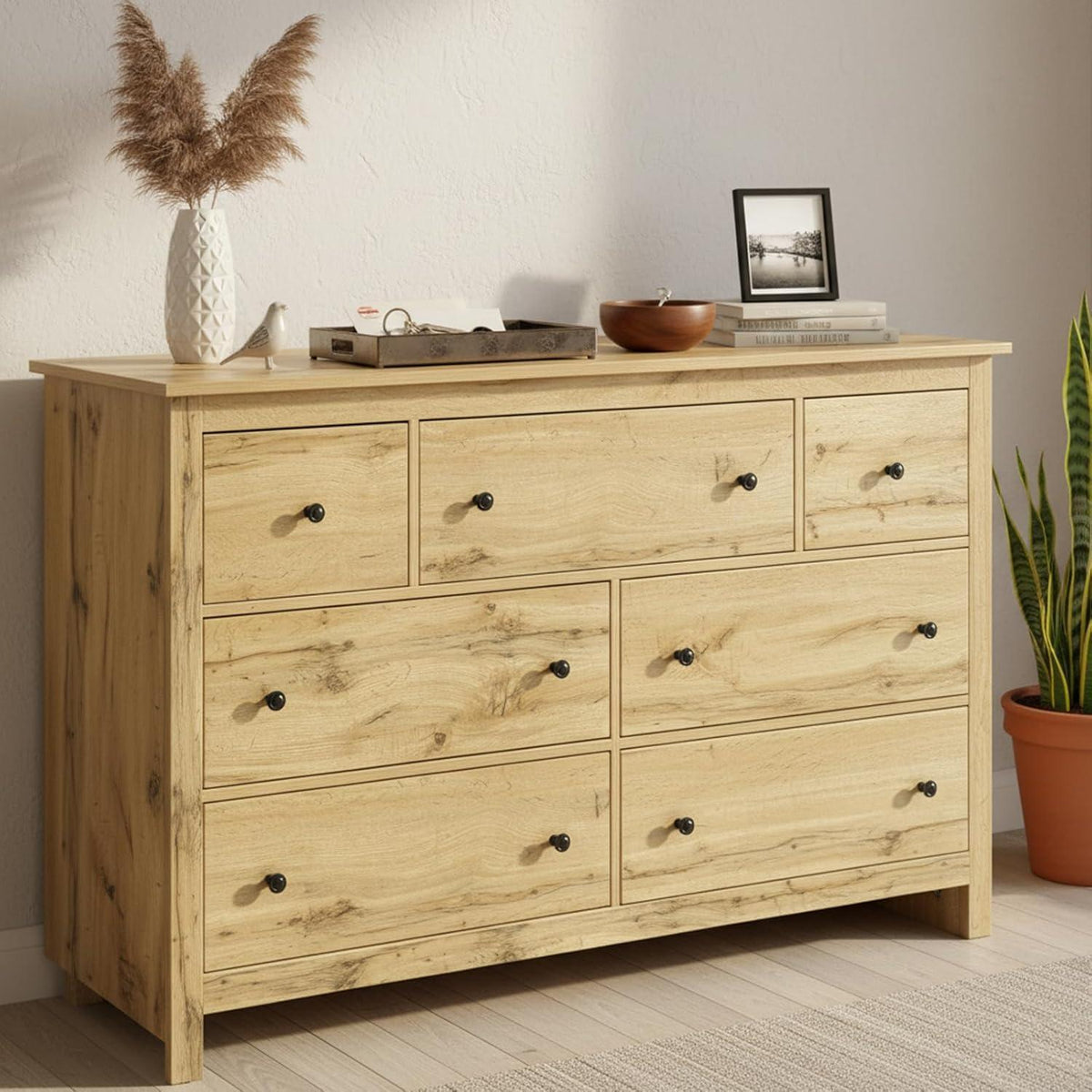 Kommode mit 7 Schubladen | Sideboard Holz, Verstellbar, 152x40x89cm