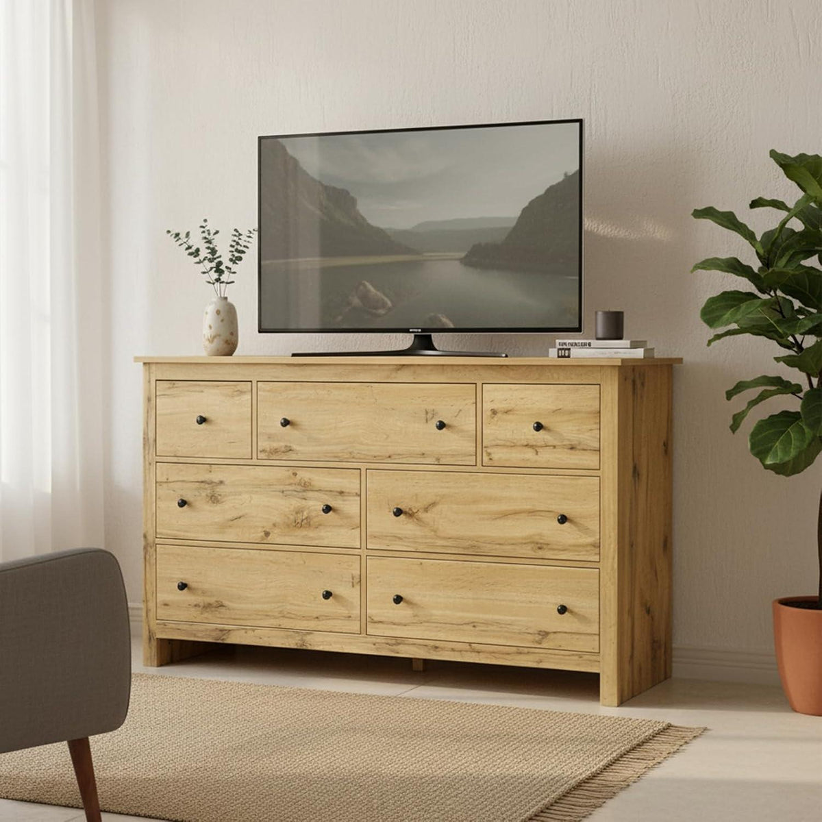 Kommode mit 7 Schubladen | Sideboard Holz, Verstellbar, 152x40x89cm