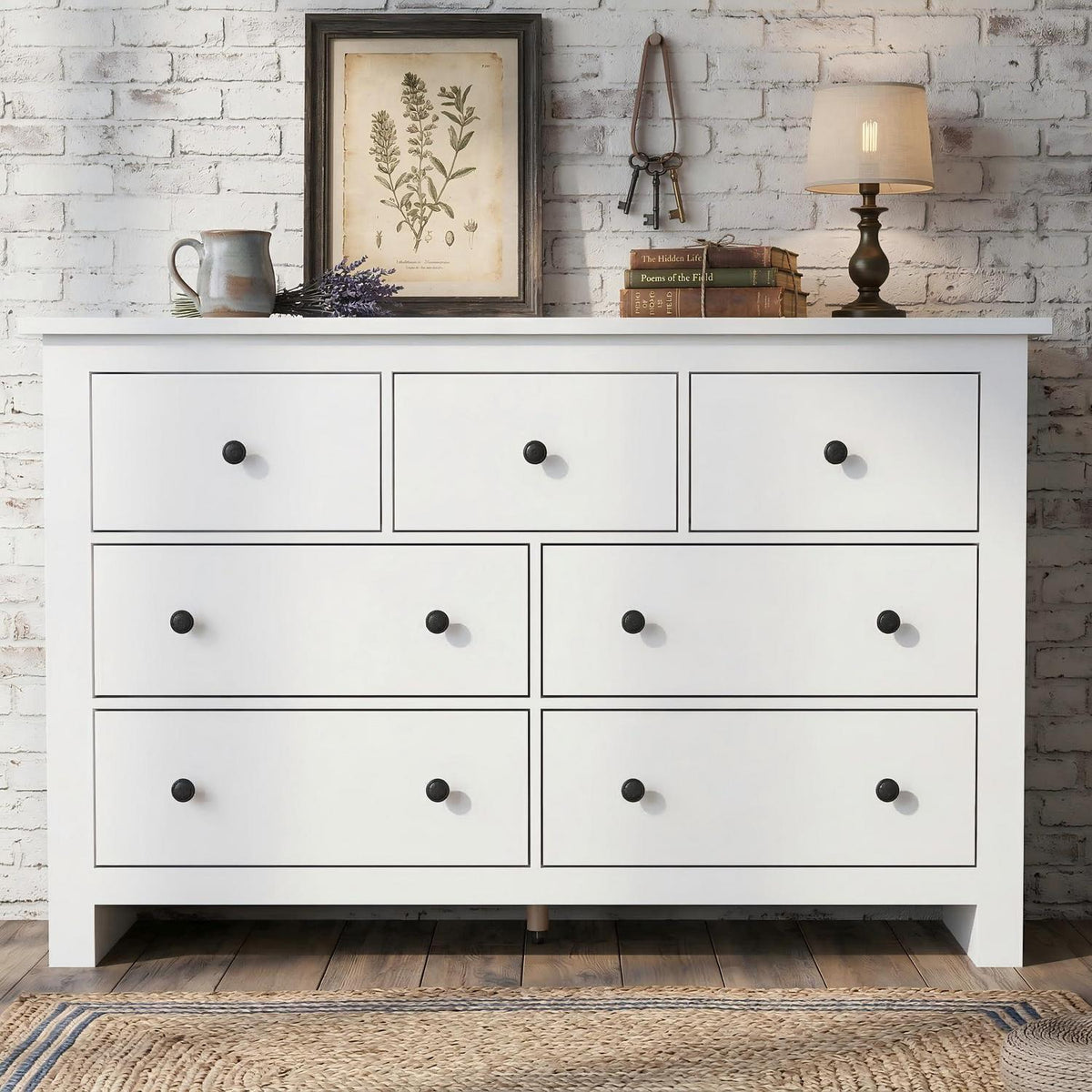 Kommode mit 7 Schubladen | Weißes Sideboard Holz verstellbar