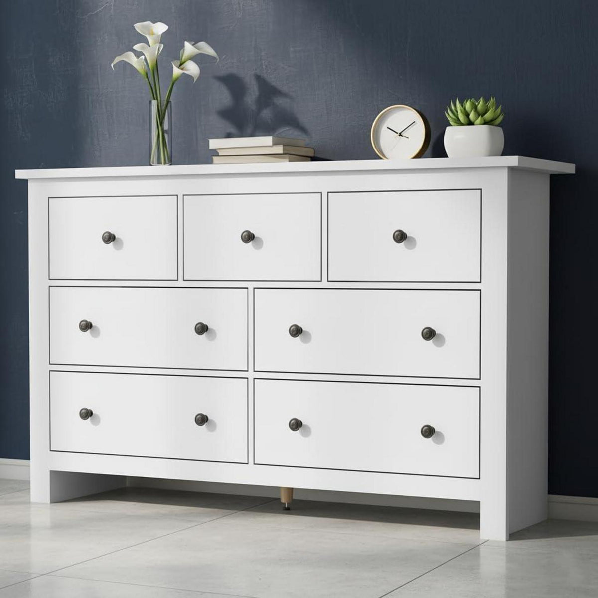 Kommode mit 7 Schubladen | Weißes Sideboard Holz verstellbar