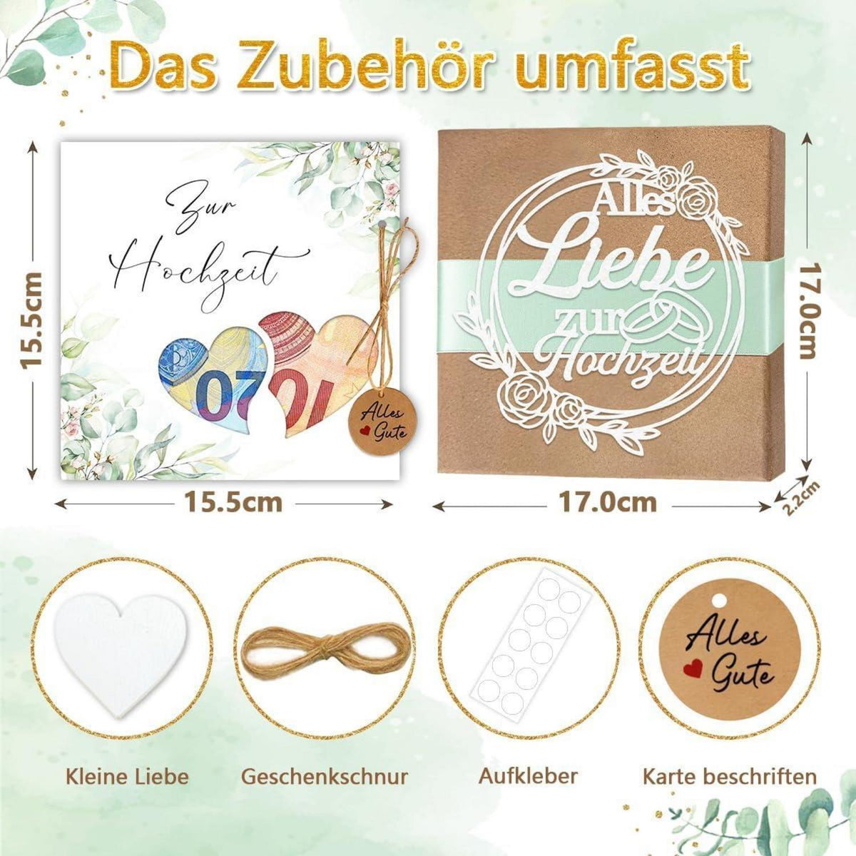 Geldgeschenk Hochzeit: Elegante Geschenkbox mit Karte & Herz-Holzspänen