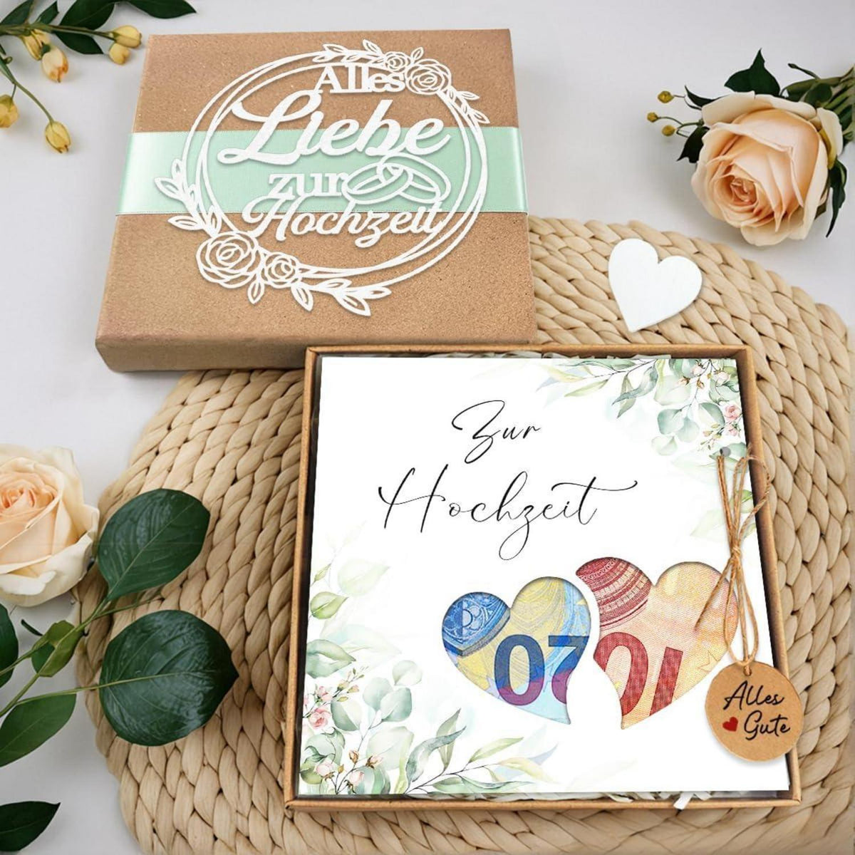 Geldgeschenk Hochzeit: Elegante Geschenkbox mit Karte & Herz-Holzspänen