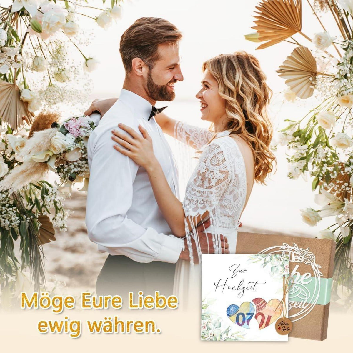 Geldgeschenk Hochzeit: Elegante Geschenkbox mit Karte & Herz-Holzspänen