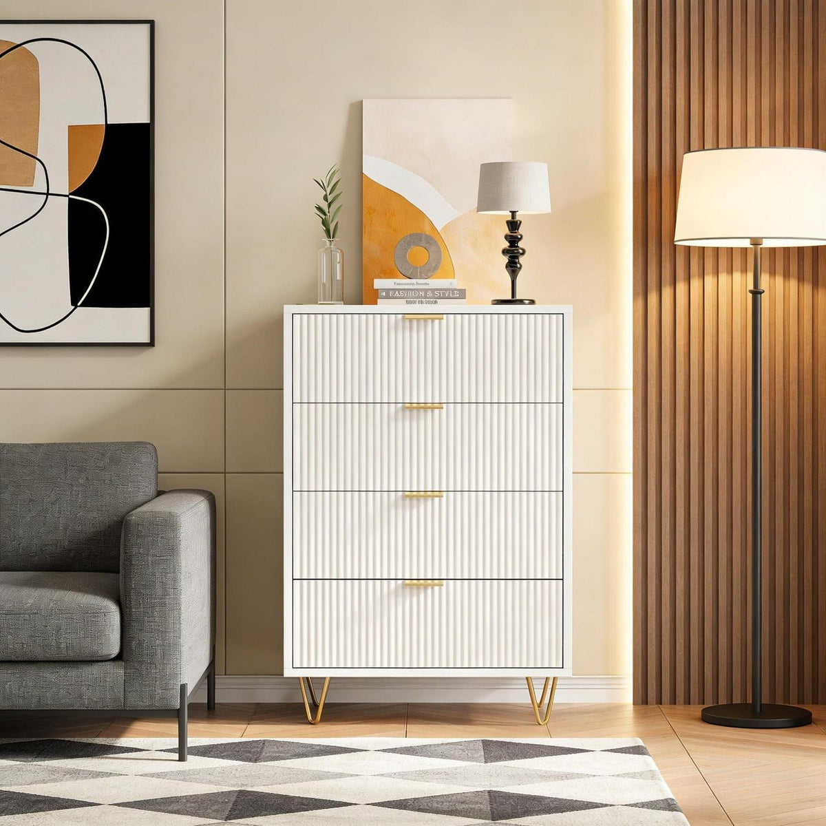 Moderne Kommode mit 4 Schubladen, Weiß 60x34x91 cm