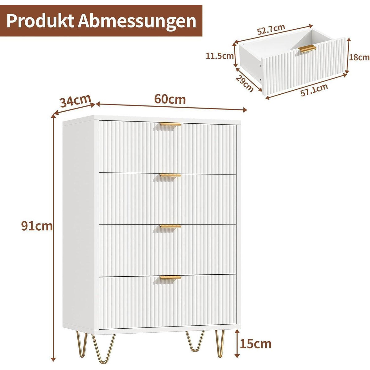 Moderne Kommode mit 4 Schubladen, Weiß 60x34x91 cm