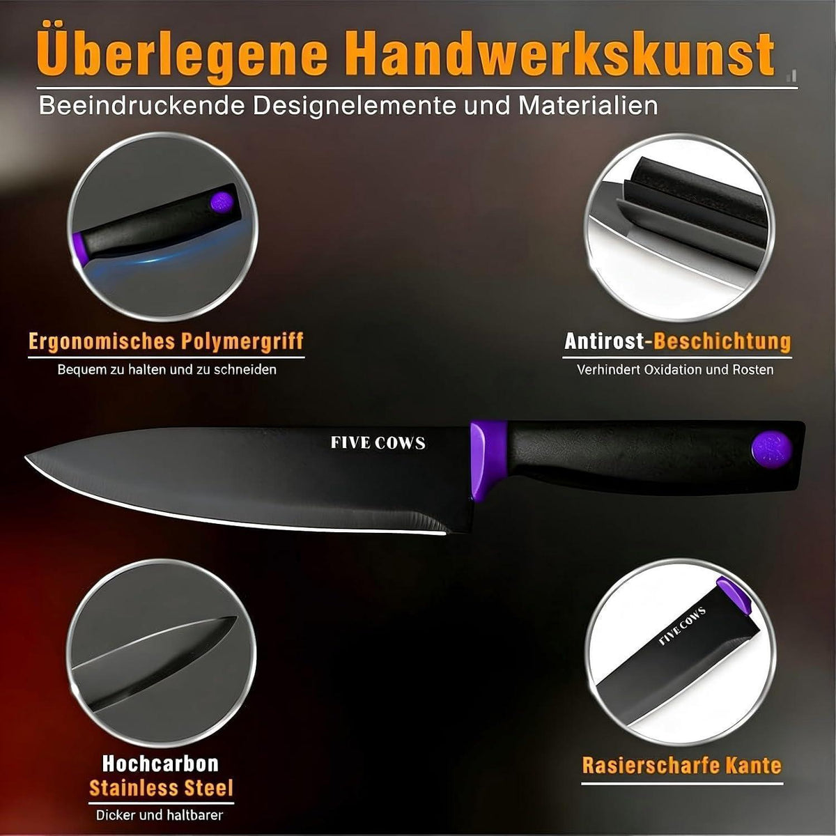 14-teiliges Messerblock Set mit Selbstschärfer & Steakmesser (Violett)