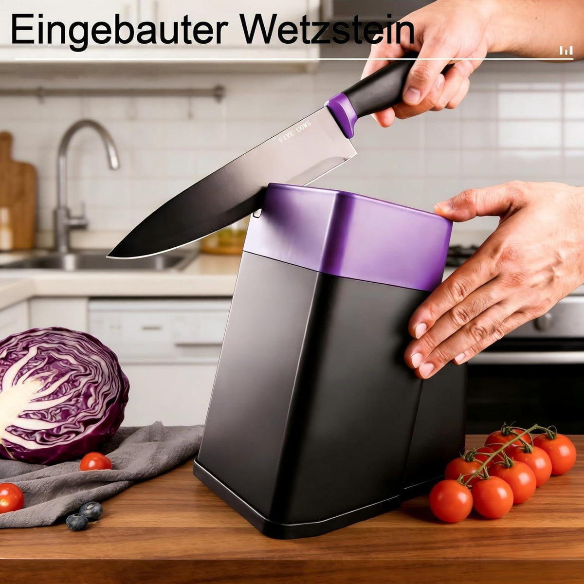 14-teiliges Messerblock Set mit Selbstschärfer & Steakmesser (Violett)