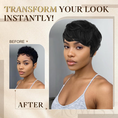 Echthaar Pixie Cut Perücke – Kurz, Geschichtet, Welle (1B#)