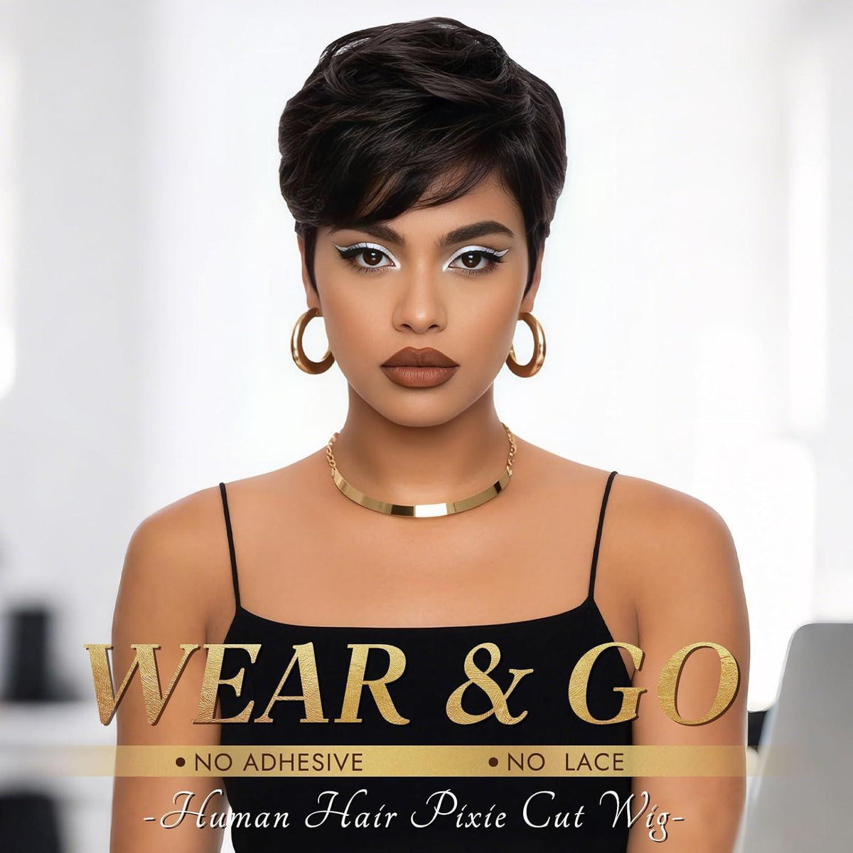 Echthaar Pixie Cut Perücke – Kurz, Geschichtet, Welle (1B#)