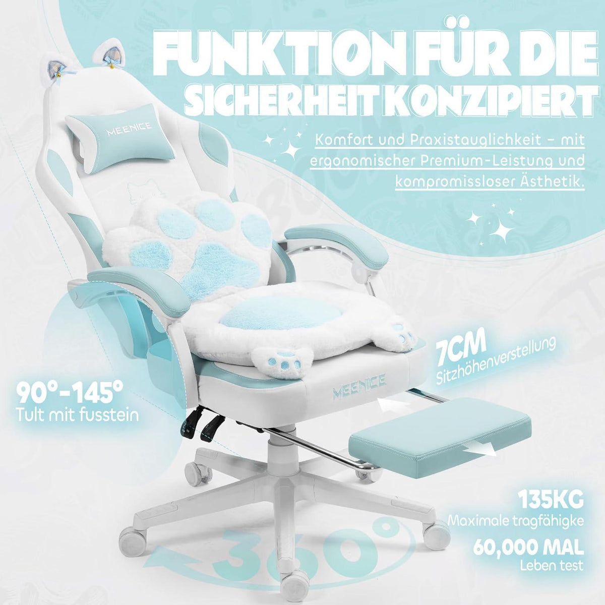 Gaming Stuhl mit Katzenohren und Fußstütze, Blau Weiß