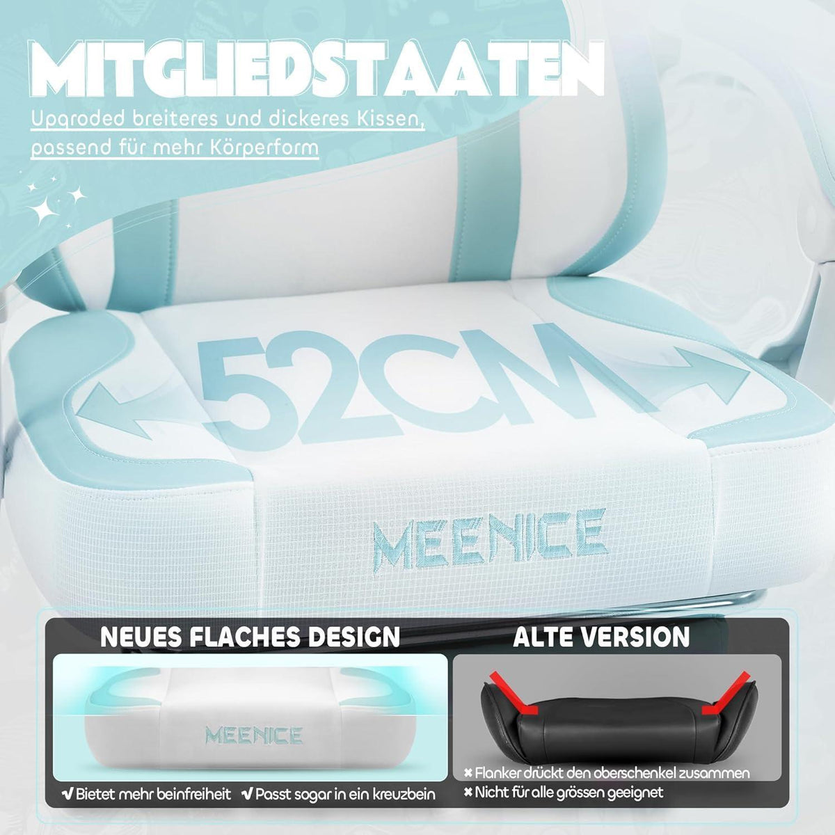 Gaming Stuhl mit Katzenohren und Fußstütze, Blau Weiß