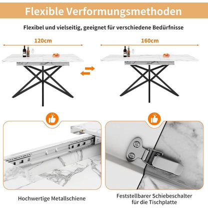Ausziehbarer Esstisch-Set mit 4 Samtstühlen (Schwarz/Weiß)