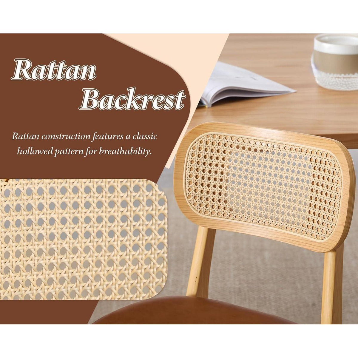 Esszimmerstühle 4er Set Holz mit Rattan Rückenlehne Braun