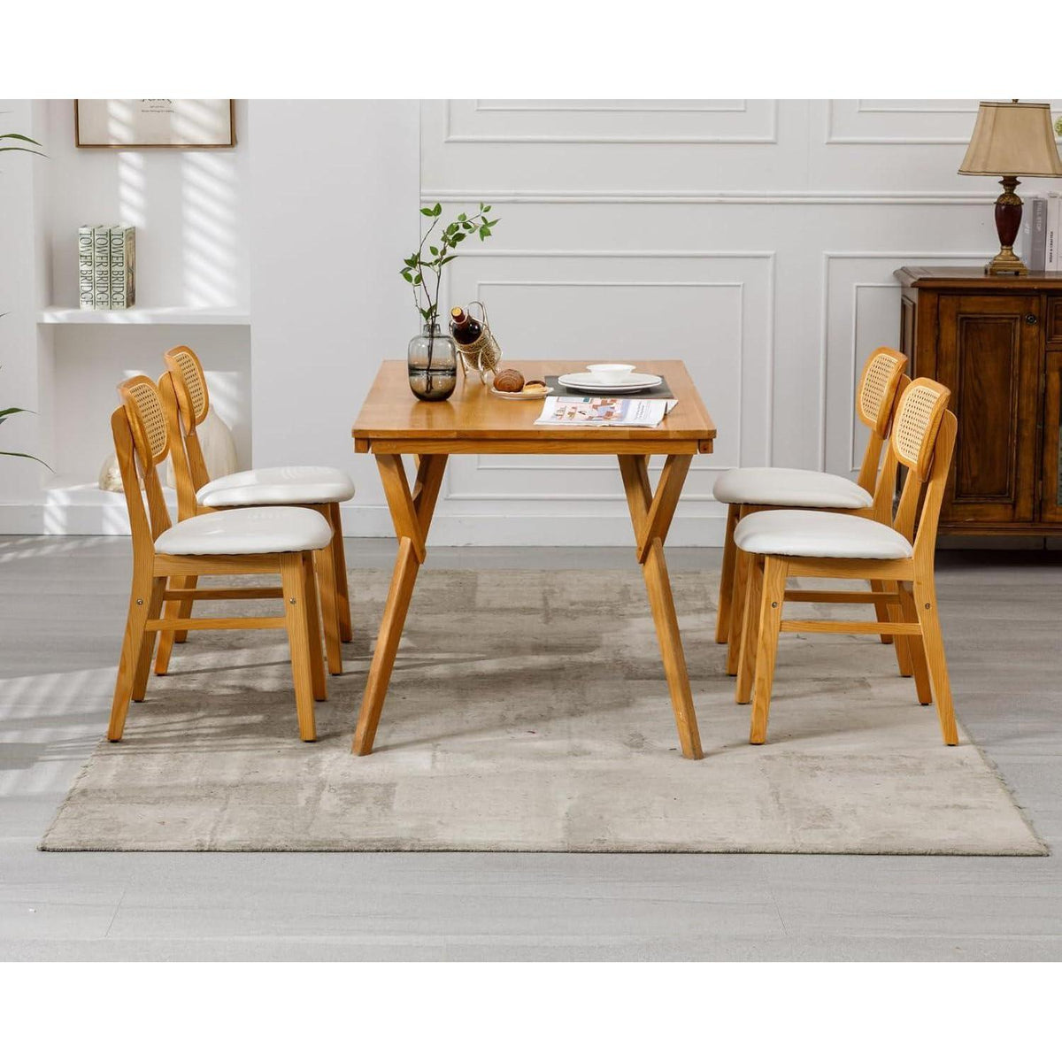 Esszimmerstühle 4er Set Holz mit Rattan Rückenlehne, Weiß