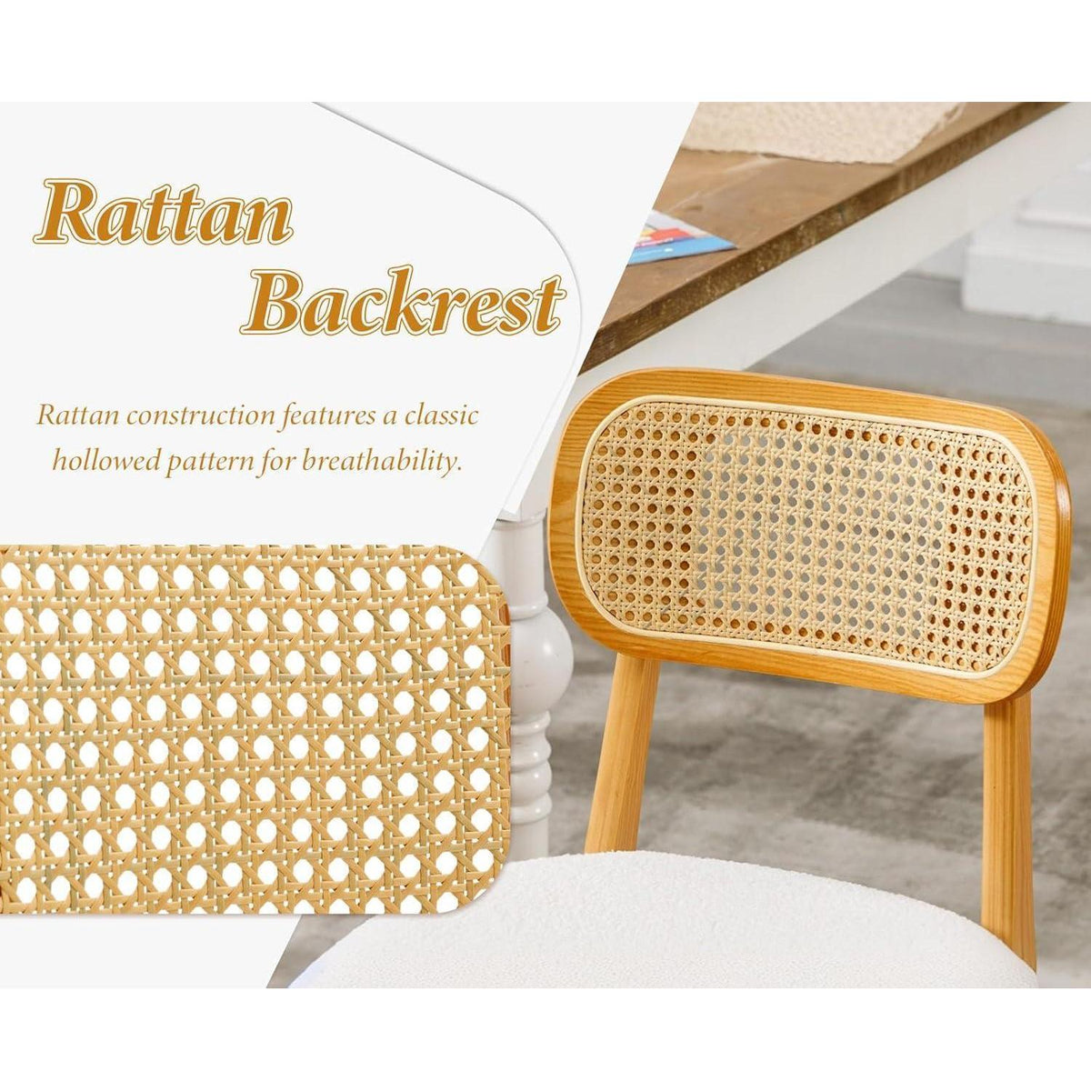 Esszimmerstühle 2er Set Holz & Kunstfell mit Rattan Rückenlehne