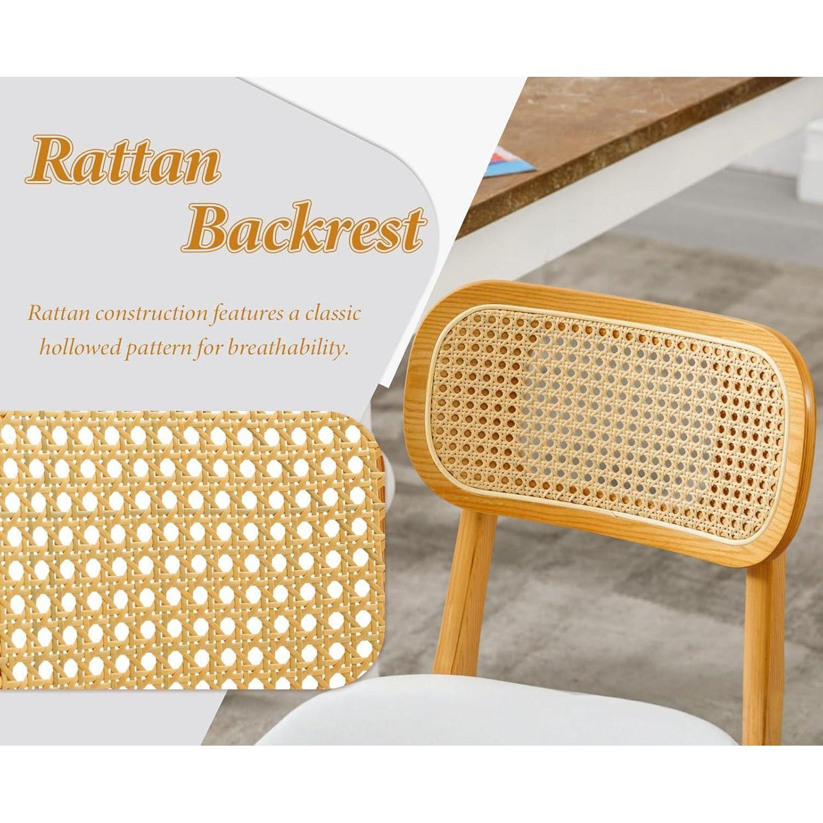 Esszimmerstuhl Set Holz mit Rattan Rückenlehne Weiß in Lederoptik