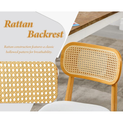Esszimmerstuhl Set Holz mit Rattan Rückenlehne Weiß in Lederoptik