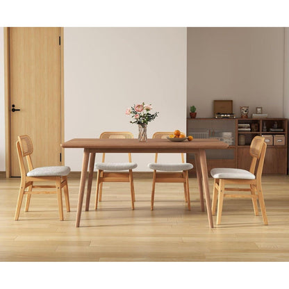 Esszimmerstühle 4er Set Holz & Kunstfell mit Rattan Rückenlehne Beige