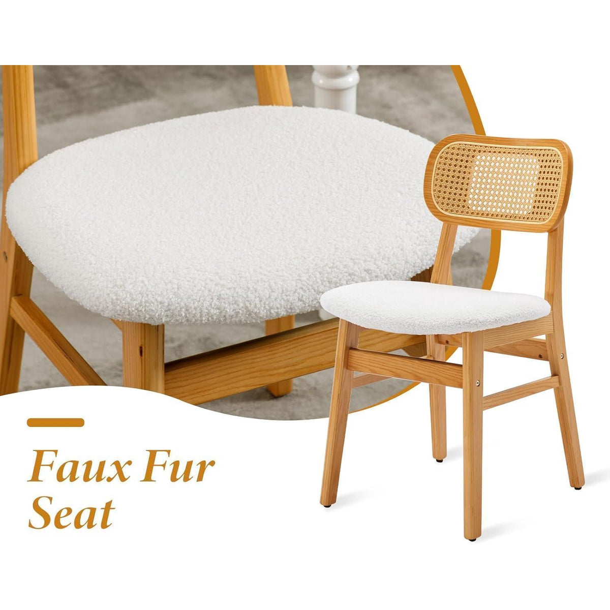 Esszimmerstühle 4er Set Holz & Kunstfell mit Rattan Rückenlehne Beige