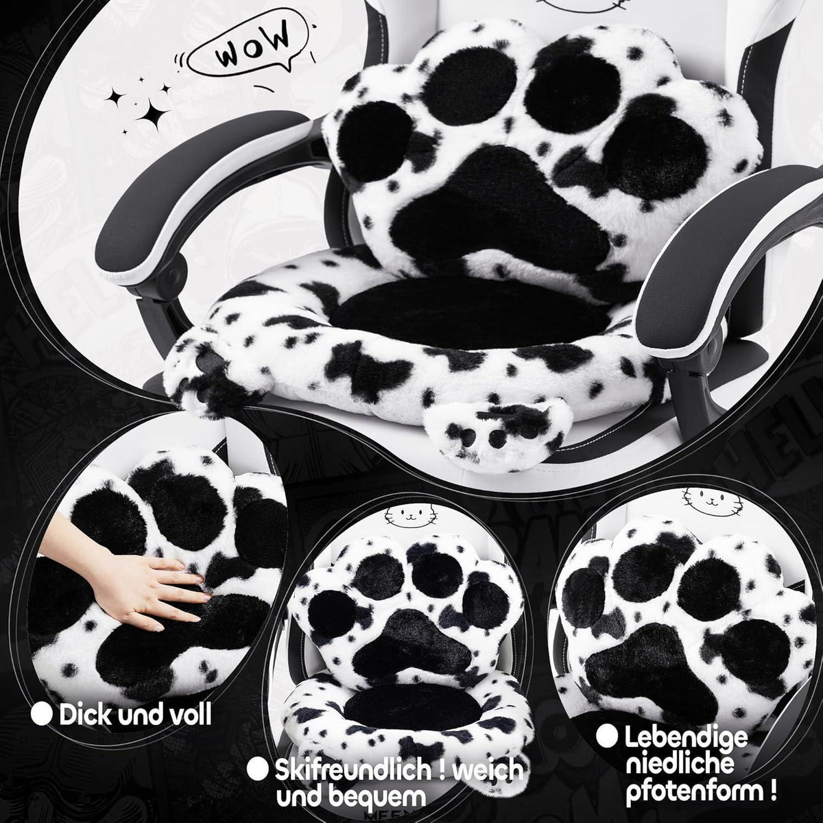 Gaming Stuhl Katze mit Fußstütze & Katzenohren, Ergonomisch, 200kg, Schwarzweiß