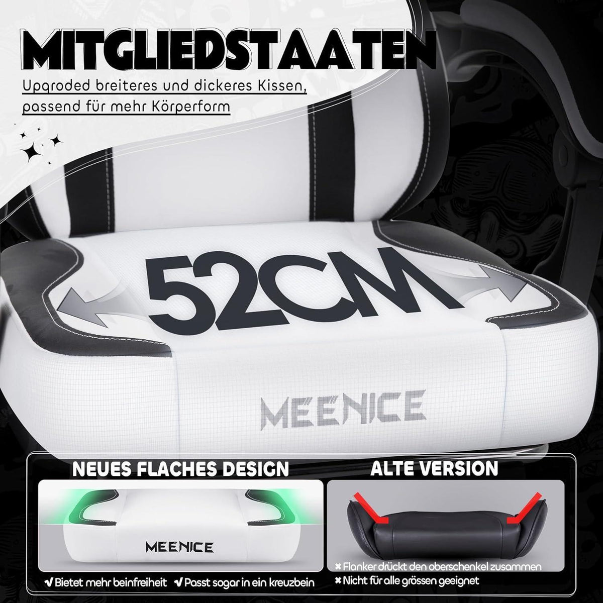 Gaming Stuhl Katze mit Fußstütze & Katzenohren, Ergonomisch, 200kg, Schwarzweiß