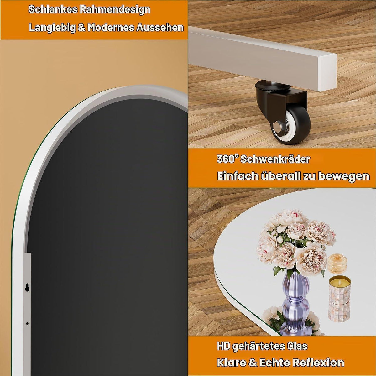 Ganzkörperspiegel 180x70cm, 360° Drehbar, Rollbar & Gewölbt