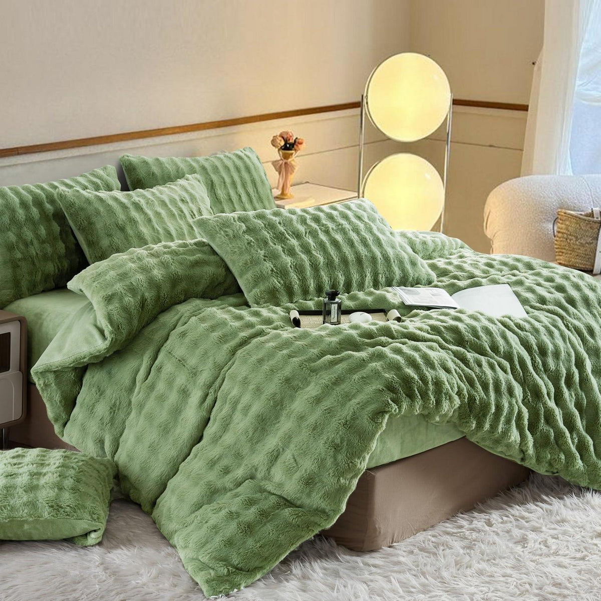 Langhaar Plüsch Bettwäsche Set 220x240 Grün, Superweich & Warm