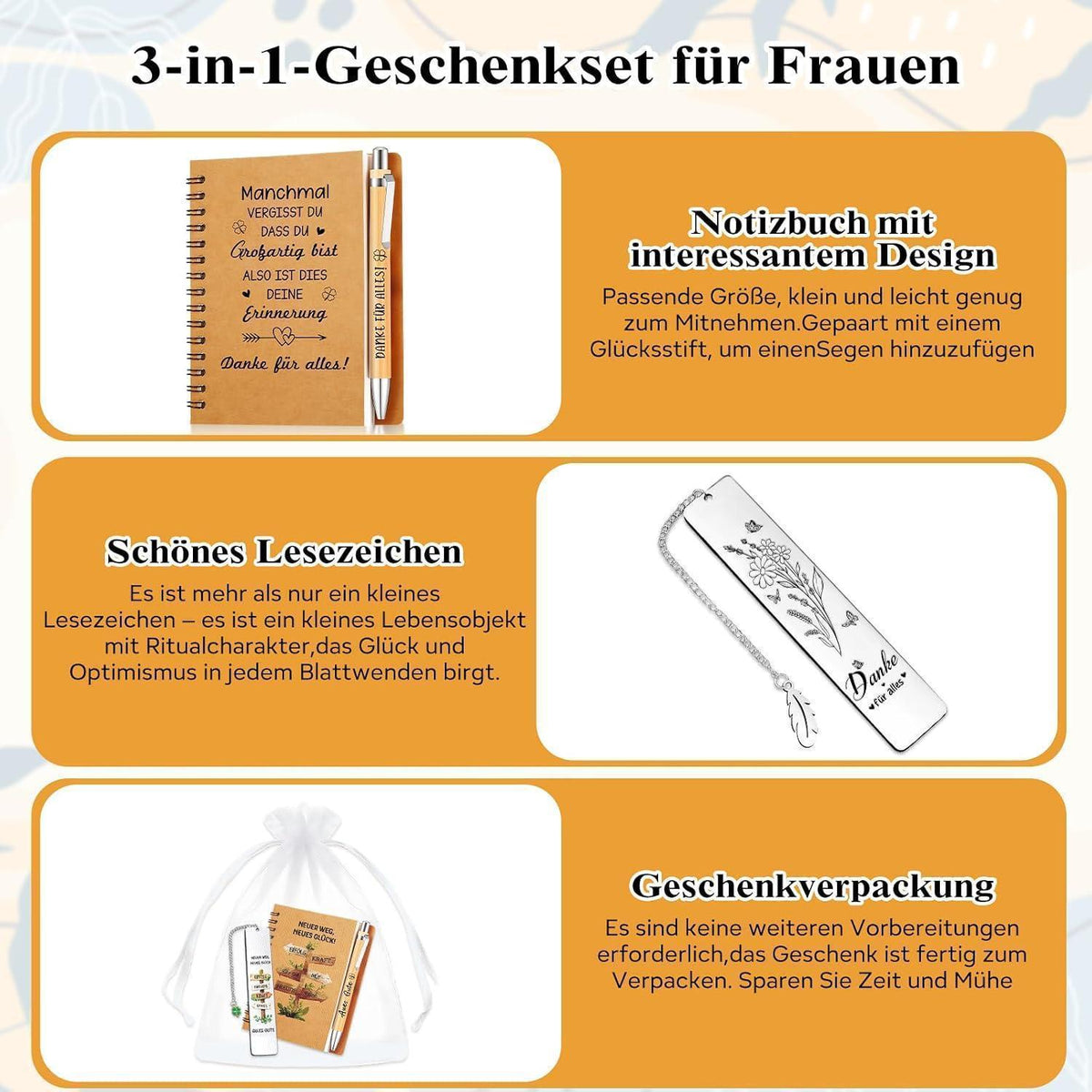 Dankeschön Geschenkset für Frauen: Notizbuch, Lesezeichen & Stift