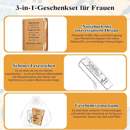 Dankeschön Geschenkset für Frauen: Notizbuch, Lesezeichen & Stift