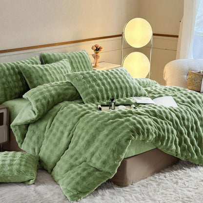 Langhaar Plüsch Bettwäsche Set Grün 155x220 cm + 2x 80x80 cm