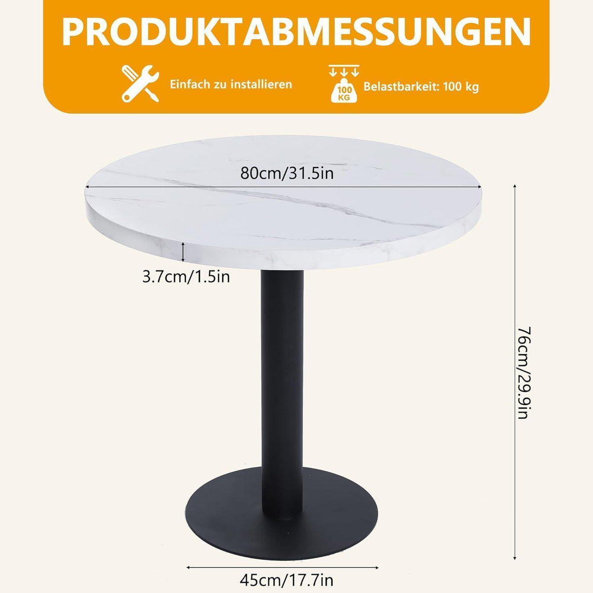 Runder Esstisch 80cm Weiß – Küchentisch mit Marmoroptik