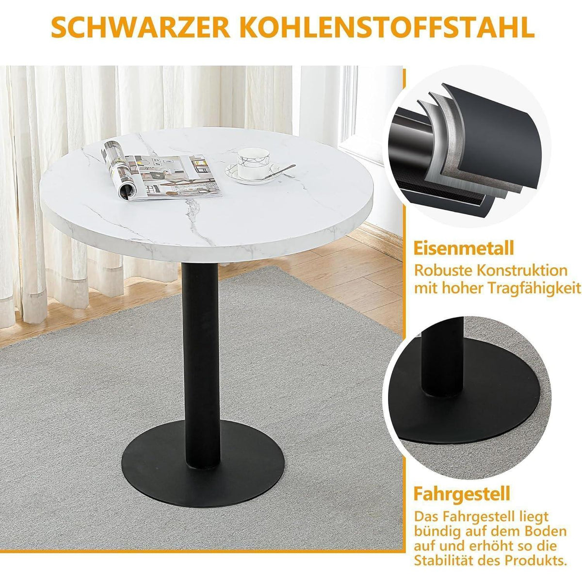 Runder Esstisch 80cm Weiß – Küchentisch mit Marmoroptik