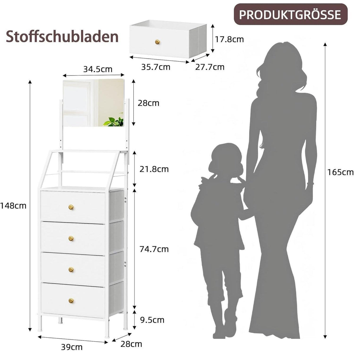 Hohe Schlafzimmerkommode mit Spiegel & 4 Schubladen – Weiß