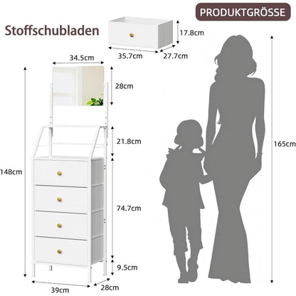 Hohe Schlafzimmerkommode mit Spiegel & 4 Schubladen – Weiß
