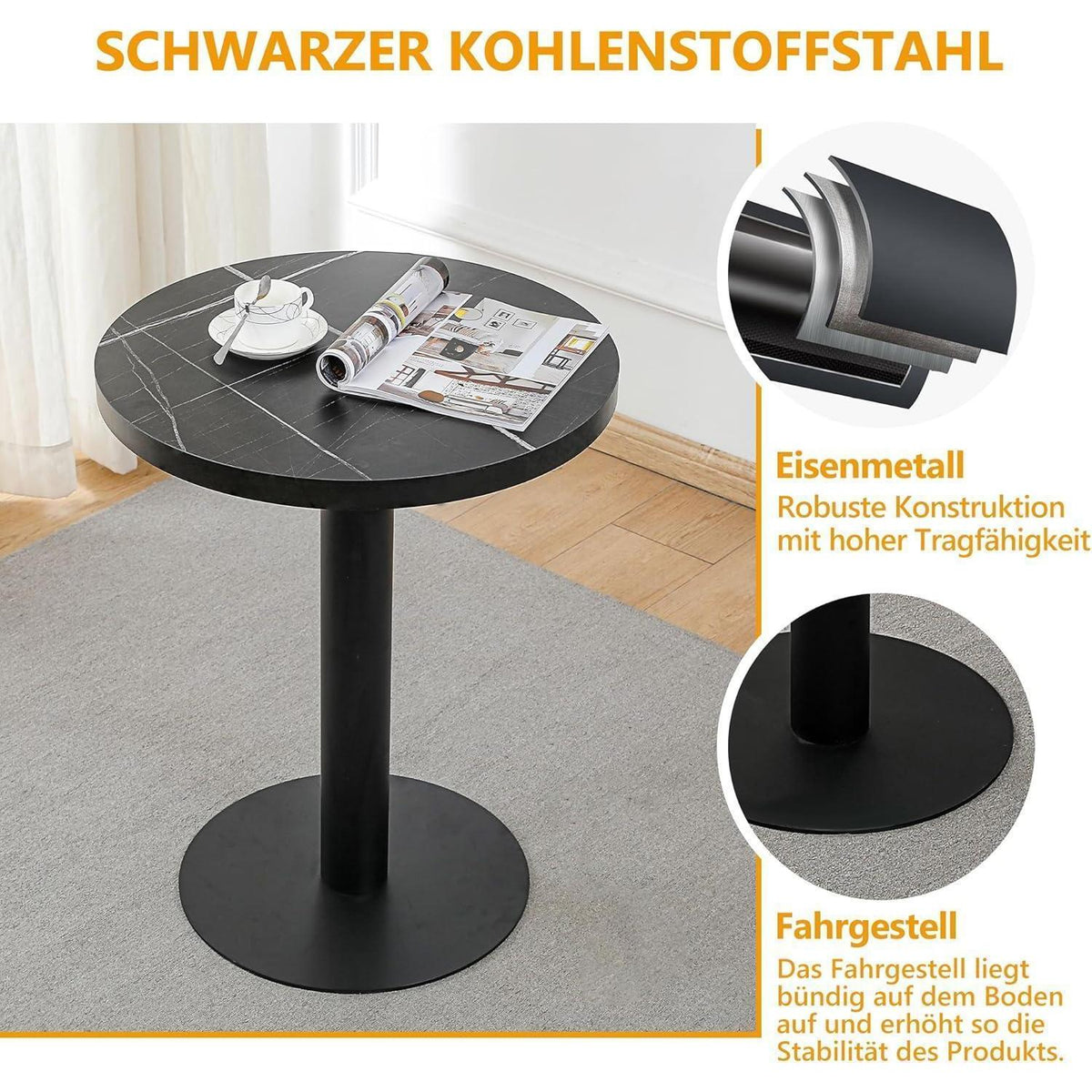 Runder Esstisch 60cm Schwarz – Küchentisch mit Marmoroptik