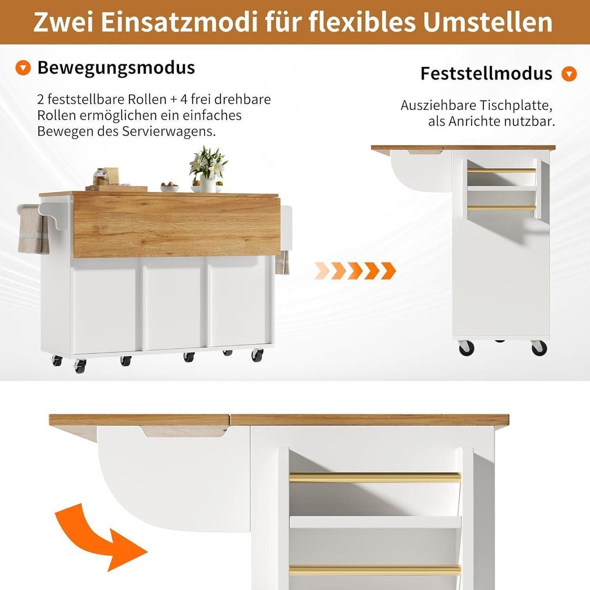 Klappbarer Küchenwagen mit Arbeitsplatte & Stauraum Weiß