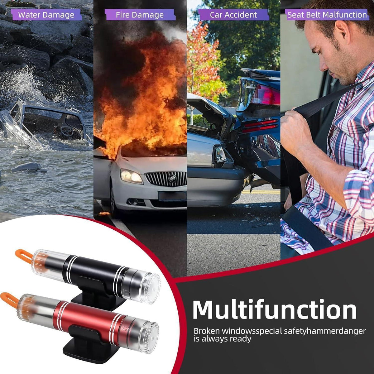 2x Auto Notfallhammer mit Gurtschneider & Testglas