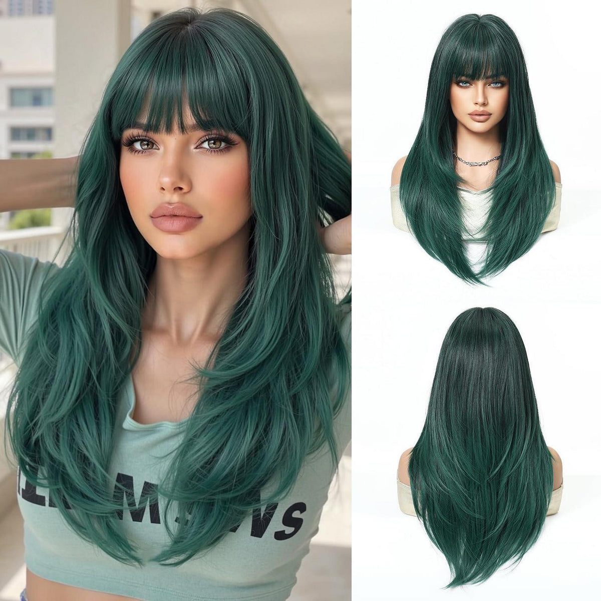 Lange grüne Perücke mit Pony – Synthetikhaar für Alltag & Party