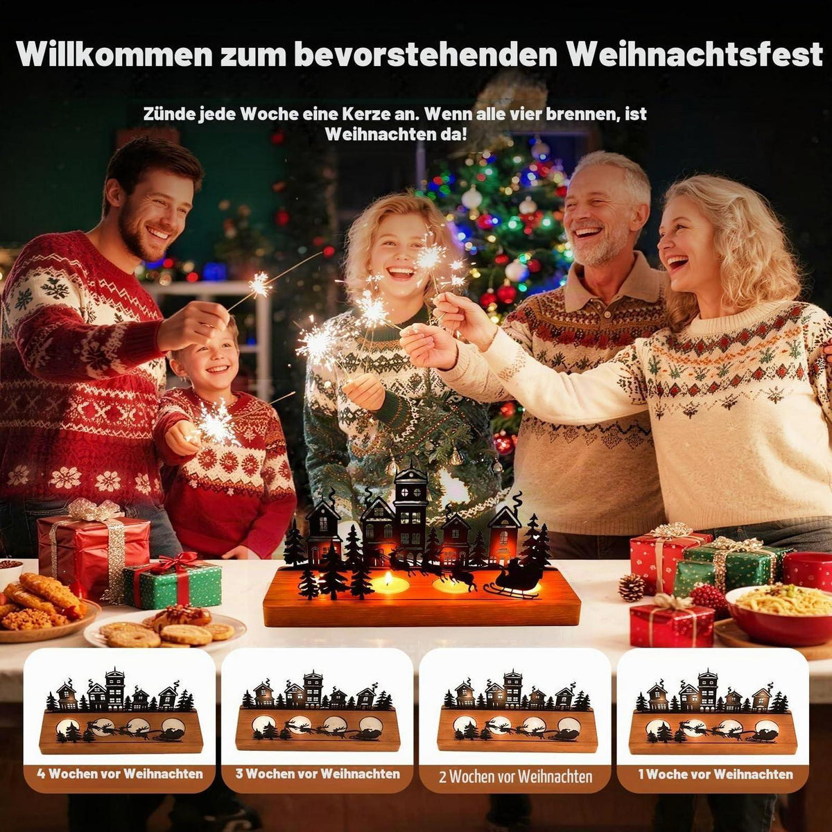 Adventskranz Metall mit Holz für 4 Teelichter, Weihnachtsdeko