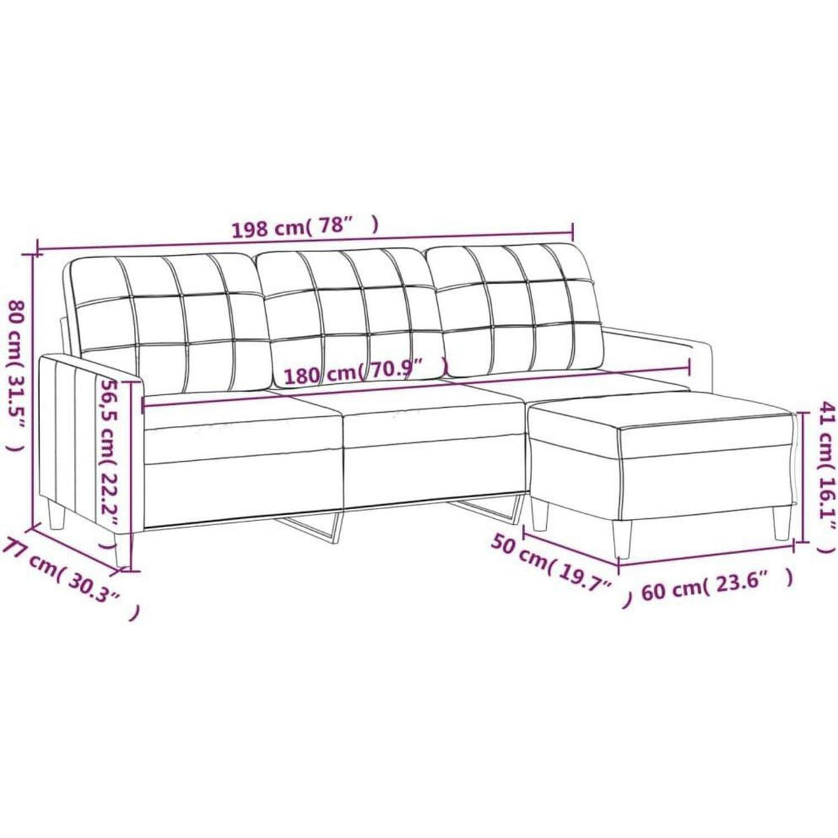 3-Sitzer Sofa mit Hocker, Hellgrau, 180 cm – Schlaffunktion