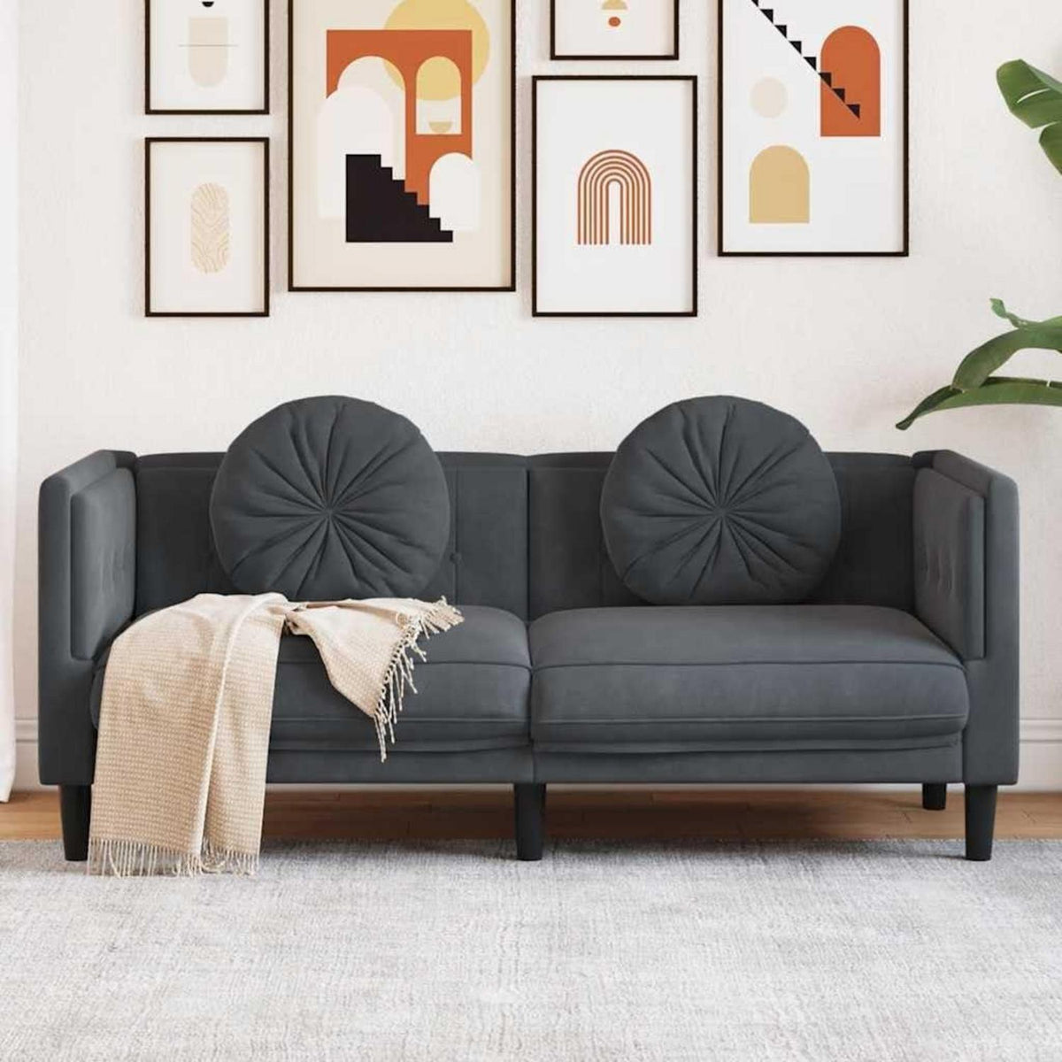 Modernes 2-Sitzer Sofa Dunkelgrau mit Kissen